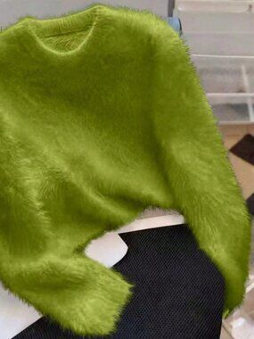 Green Casual Women's Fuzzy Round Neck Pullover